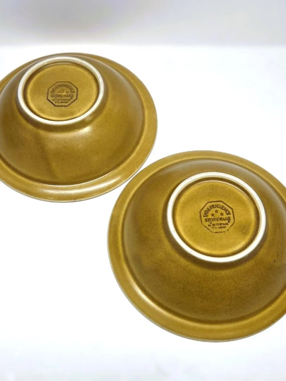 Vtg Independence Stoneware Yuma Bowl Set Lot x2 Rim Cereal Tan Interpace Japan